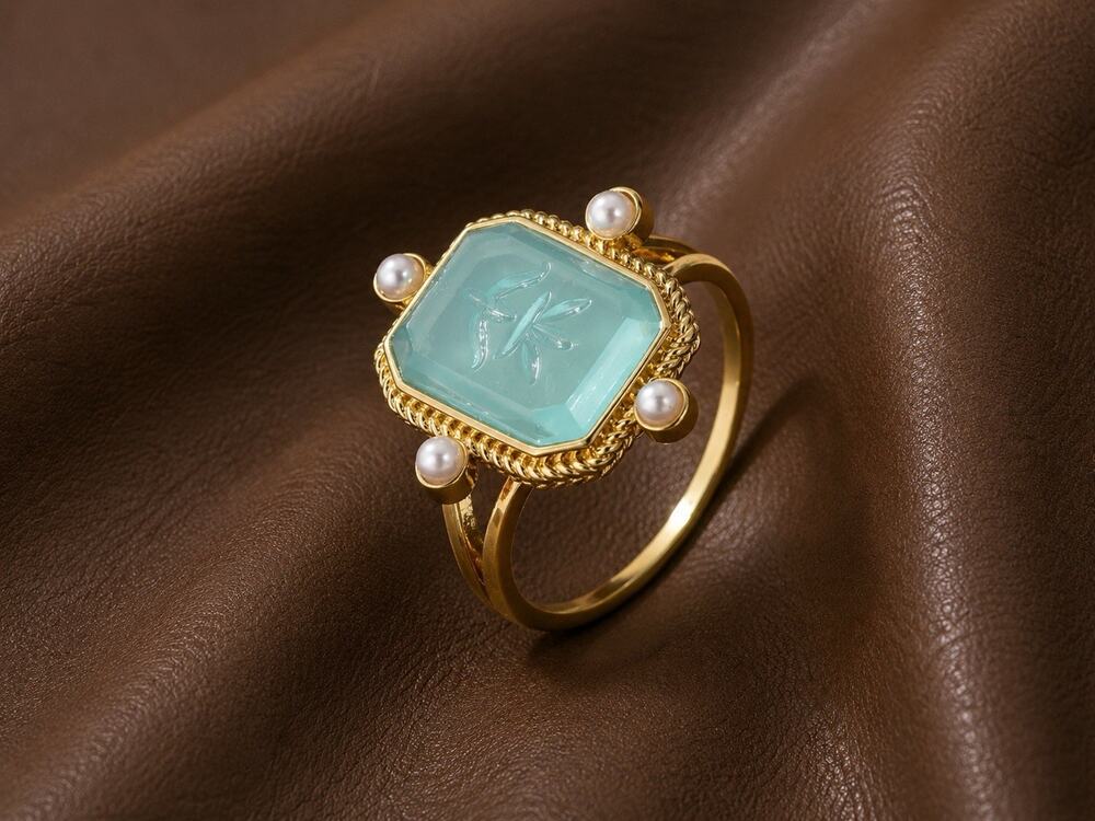 Museum Intaglio Ring Sz 8 Green Pearl Gold Cameo Flower Blue Geometric Boho VTG